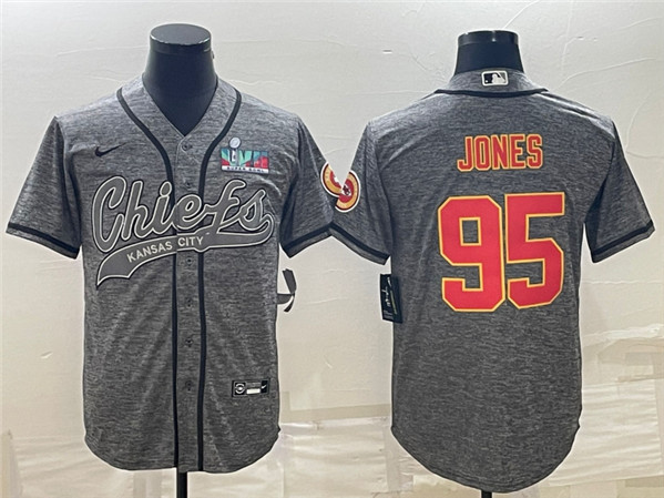 Men's Kansas City Chiefs #95 Chris Jones Gray With Super Bowl LVII Patch Cool Base Stitched Baseball Jersey